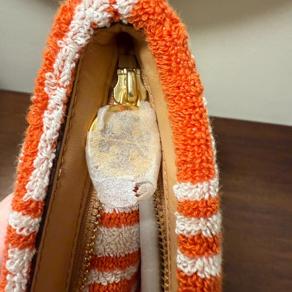 Tory Burch Orange and White T Patterned Cosmetic Bag Clutch NWT - Picture 9 of 9